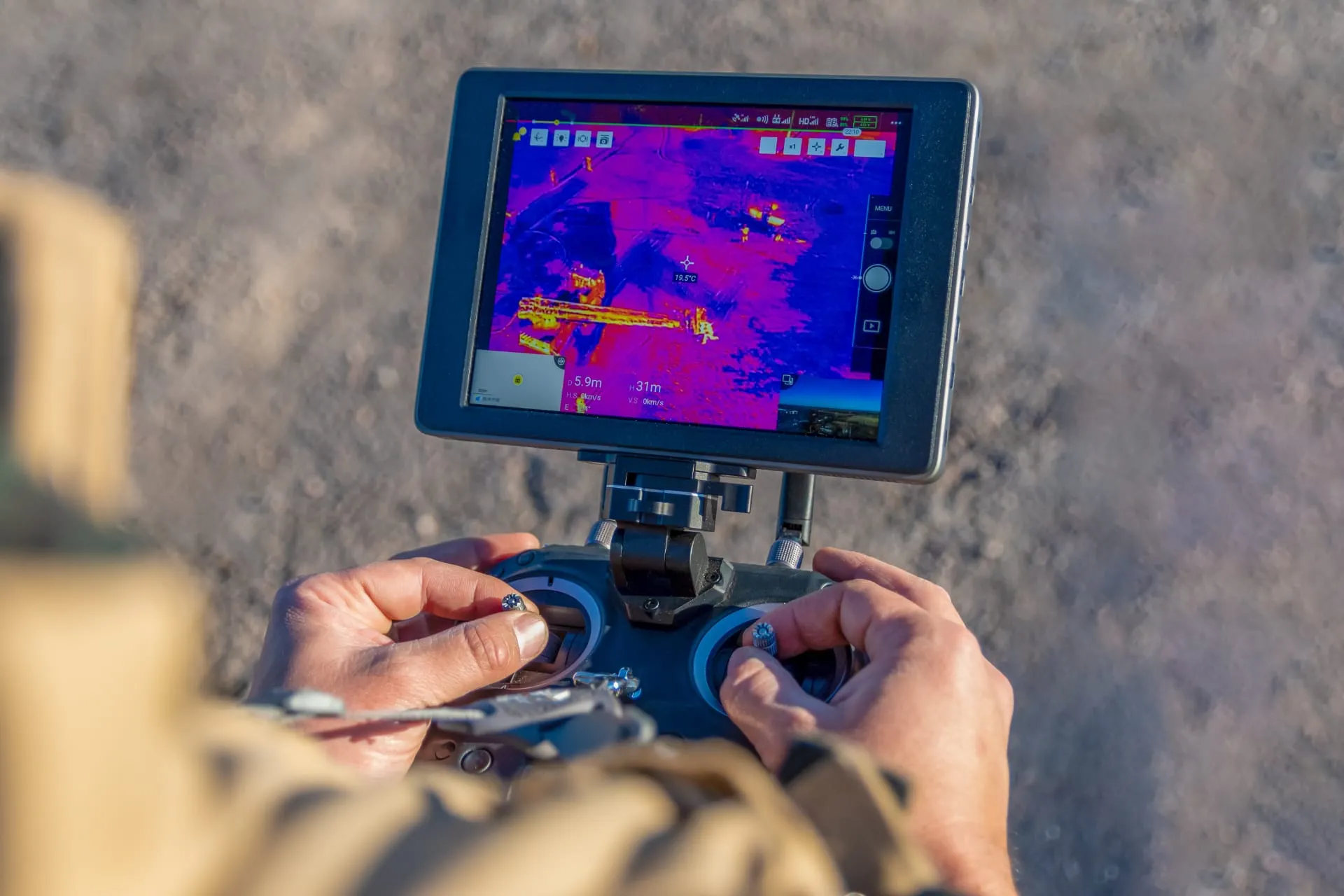 A drone using thermal imaging to inspect power lines.